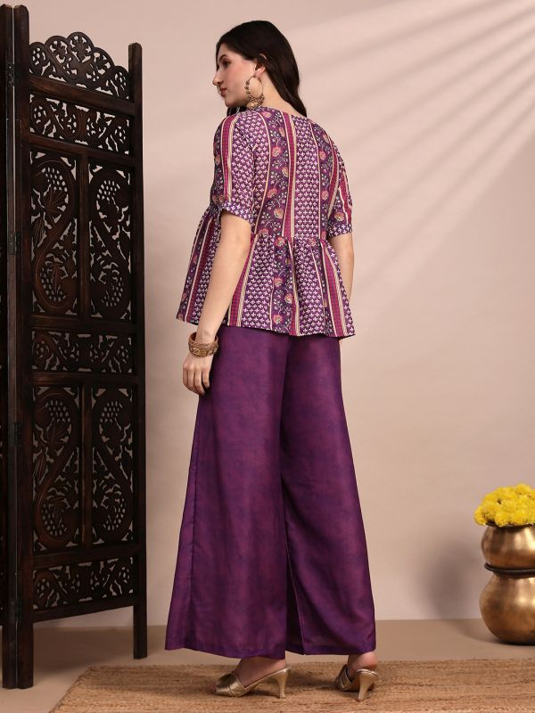 Globus Women Purple Ethnic Print V-Neck Gathered Detail Tunic & Mid Rise Wide Leg Trouser Fusion Co-Ord Set