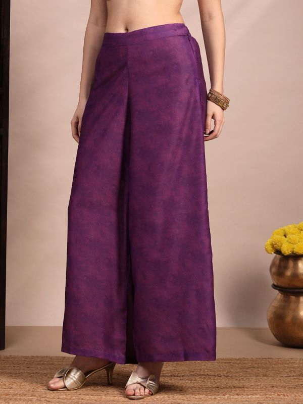 Globus Women Purple Ethnic Print V-Neck Gathered Detail Tunic & Mid Rise Wide Leg Trouser Fusion Co-Ord Set
