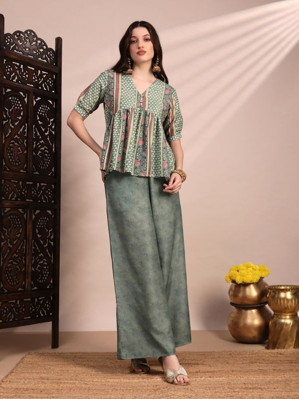 Globus Women Green Ethnic Print V-Neck Gathered Detail Tunic & Mid Rise Wide Leg Trouser Fusion Co-Ord Set