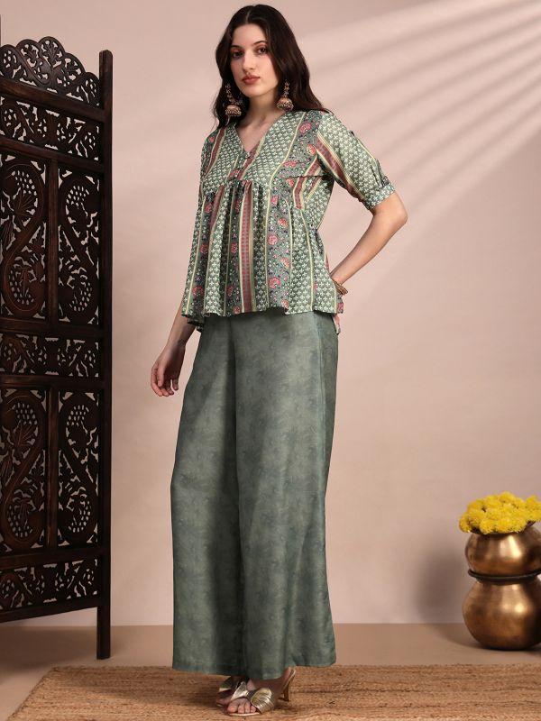 Globus Women Green Ethnic Print V-Neck Gathered Detail Tunic & Mid Rise Wide Leg Trouser Fusion Co-Ord Set