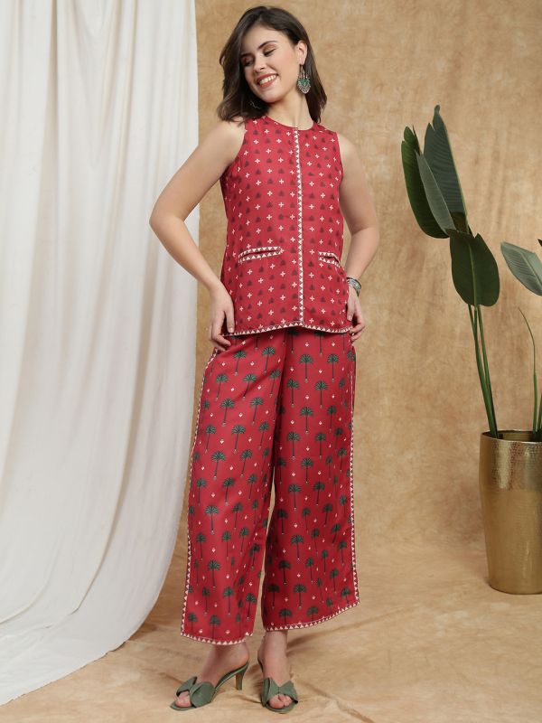Globus Women Maroon Round Neck Mandarin Collar Ethnic Print Flared Tunic & Palazzos Fusion Co-Ord Set