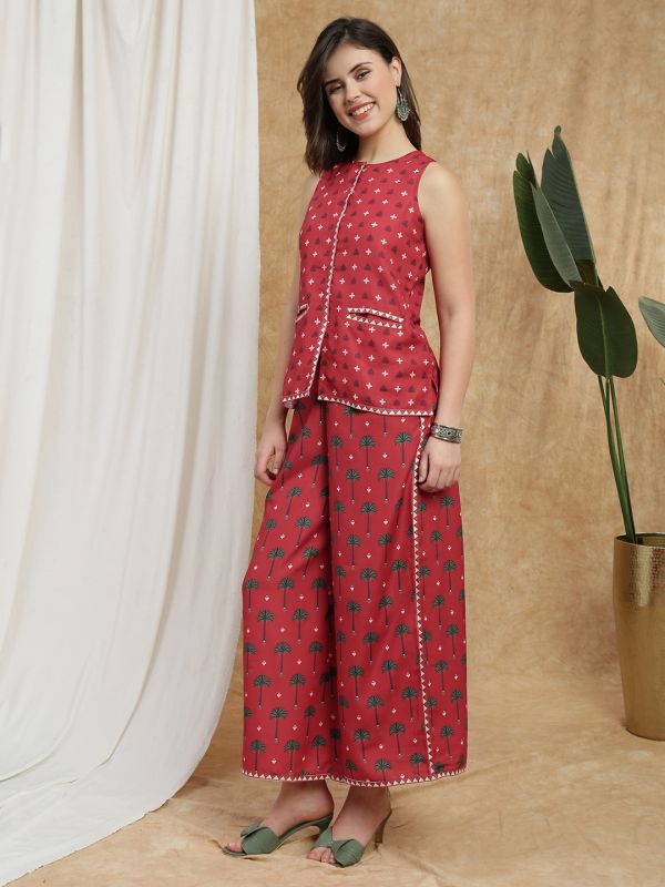 Globus Women Maroon Round Neck Mandarin Collar Ethnic Print Flared Tunic & Palazzos Fusion Co-Ord Set