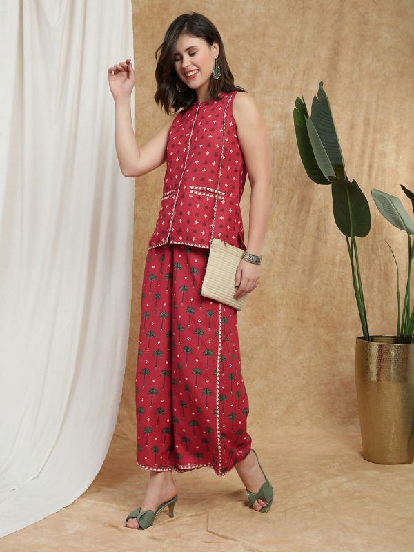 Globus Women Maroon Round Neck Mandarin Collar Ethnic Print Flared Tunic & Palazzos Fusion Co-Ord Set