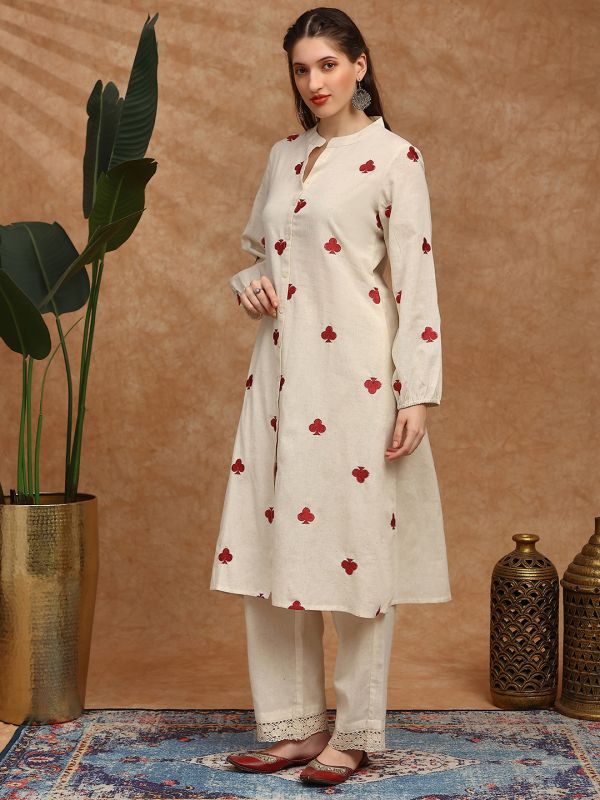 Globus Women Off White Mandarin Collar Bishop Sleeves Embroidered Detail Button Down Straight Kurta With Lace Detail Pants Fusion Set