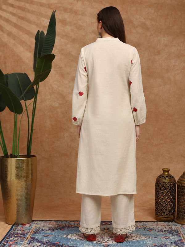 Globus Women Off White Mandarin Collar Bishop Sleeves Embroidered Detail Button Down Straight Kurta With Lace Detail Pants Fusion Set