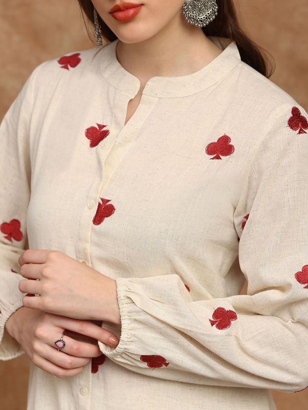 Globus Women Off White Mandarin Collar Bishop Sleeves Embroidered Detail Button Down Straight Kurta With Lace Detail Pants Fusion Set