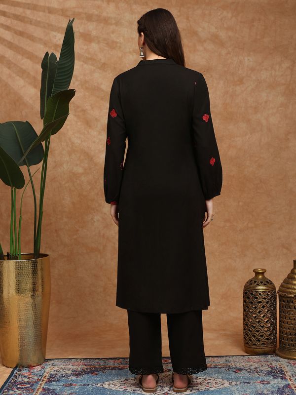 Globus Women Black Mandarin Collar Bishop Sleeves Embroidered Detail Button Down Straight Kurta With Lace Detail Pants Fusion Set