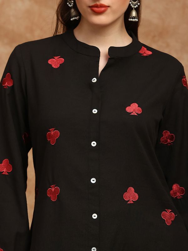 Globus Women Black Mandarin Collar Bishop Sleeves Embroidered Detail Button Down Straight Kurta With Lace Detail Pants Fusion Set