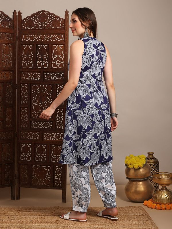 Globus Women Blue V-Neck Sleeveless Abstract Print A-Line Kurta With Pants Fusion Set