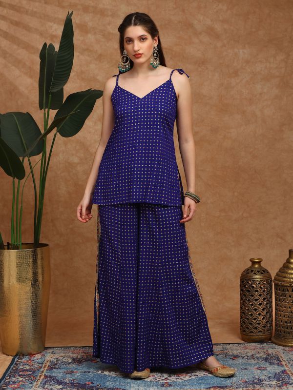 Globus Women Blue Ethnic Gold Foil Print V-Neck Tie-Up Shoulder Strap Tassel Detail Top & Palazzos Fusion Co-Ord Set