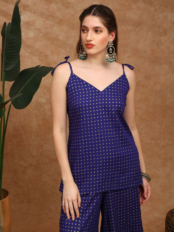 Globus Women Blue Ethnic Gold Foil Print V-Neck Tie-Up Shoulder Strap Tassel Detail Top & Palazzos Fusion Co-Ord Set