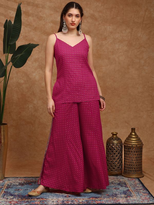 Globus Women Pink Ethnic Gold Foil Print V-Neck Tie-Up Shoulder Strap Tassel Detail Top & Palazzos Fusion Co-Ord Set