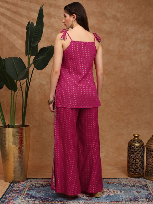 Globus Women Pink Ethnic Gold Foil Print V-Neck Tie-Up Shoulder Strap Tassel Detail Top & Palazzos Fusion Co-Ord Set