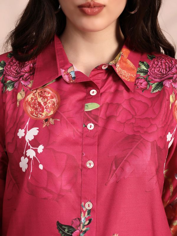 Globus Women Pink Allover Floral Collared Neck Cuff Sleeves Shirt & Mid Rise Trouser Fusion Co-Ord Set