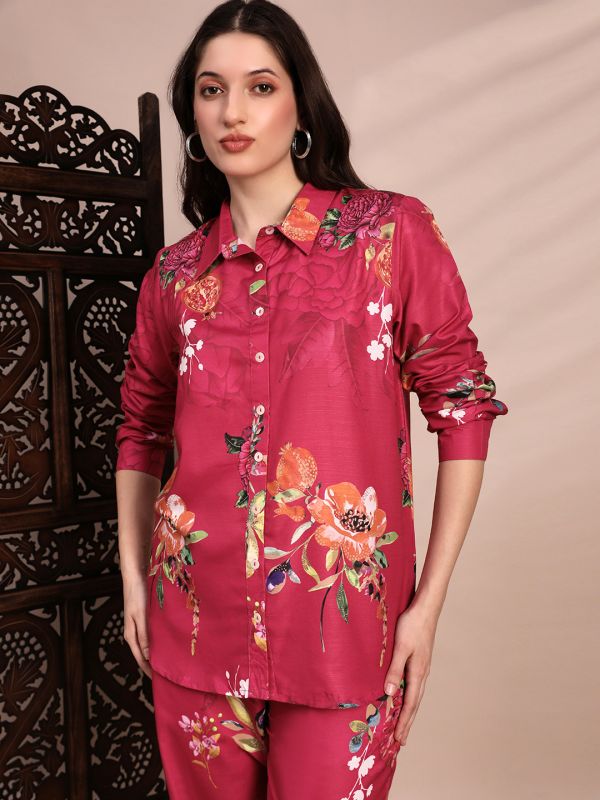 Globus Women Pink Allover Floral Collared Neck Cuff Sleeves Shirt & Mid Rise Trouser Fusion Co-Ord Set