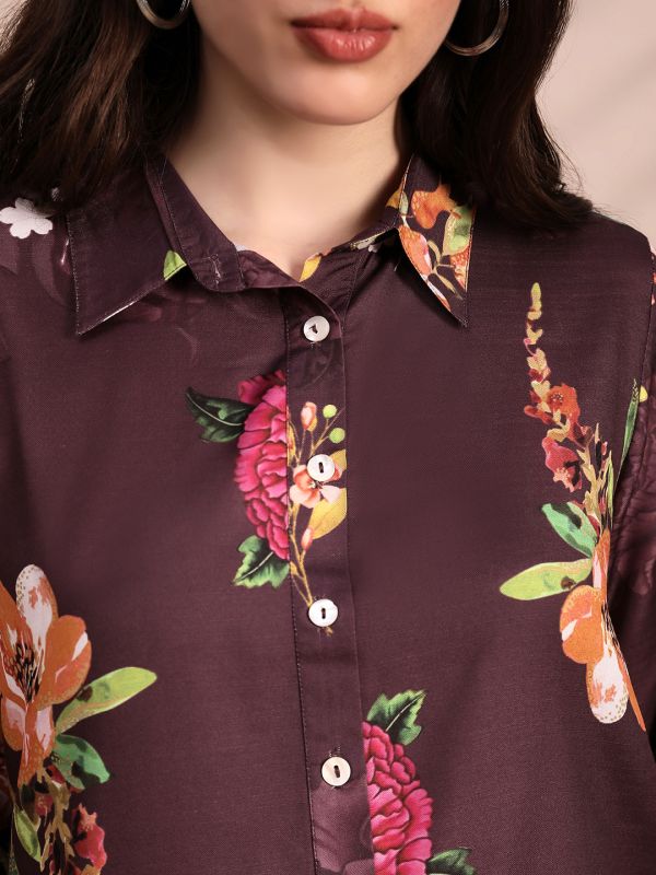 Globus Women Brown Allover Floral Collared Neck Cuff Sleeves Shirt & Mid Rise Trouser Fusion Co-Ord Set