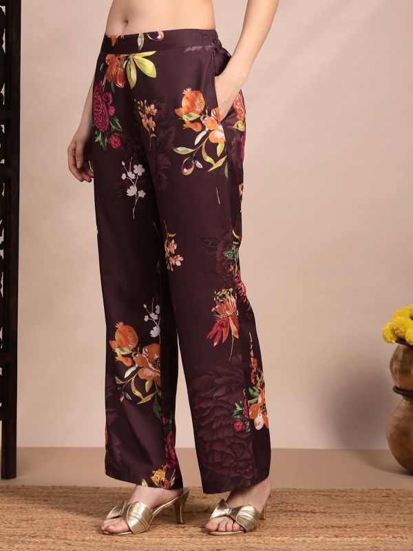 Globus Women Brown Allover Floral Collared Neck Cuff Sleeves Shirt & Mid Rise Trouser Fusion Co-Ord Set