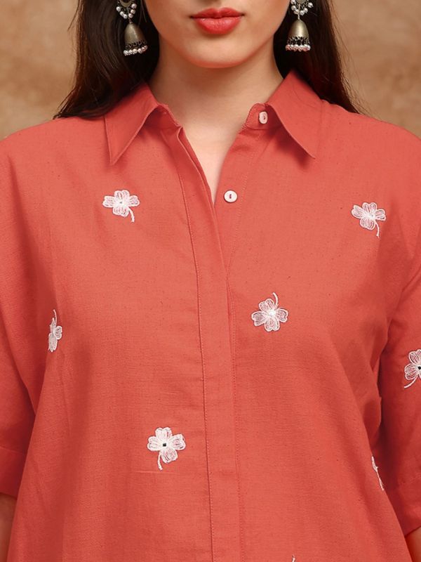 Globus Women Orange Shirt Collar Extended Sleeves Floral Embroidered Straight Kurta With Pants Fusion Set