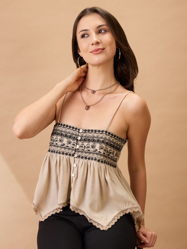 Globus Women Beige Embroidered Square Neck Shoulder Strap Asymmetric Hem Fusion Tunic