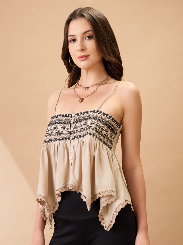 Globus Women Beige Embroidered Square Neck Shoulder Strap Asymmetric Hem Fusion Tunic