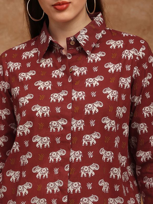 Globus Women Red Collared Neck Cuffed Sleeves Tribal Print Shirt Style Fusion Wear Tunic