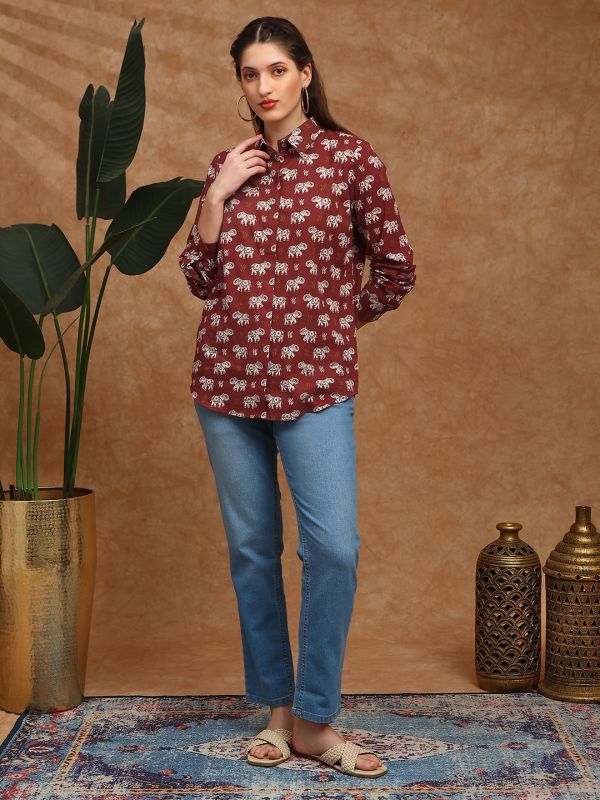Globus Women Red Collared Neck Cuffed Sleeves Tribal Print Shirt Style Fusion Wear Tunic