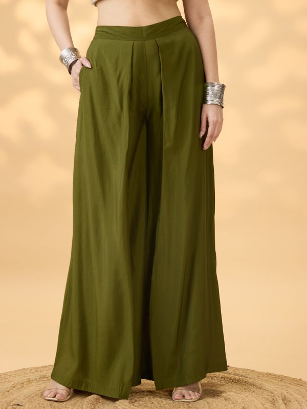 Globus Women Olive Solid High Rise Pleated Wide Leg Flared Fusion Trousers