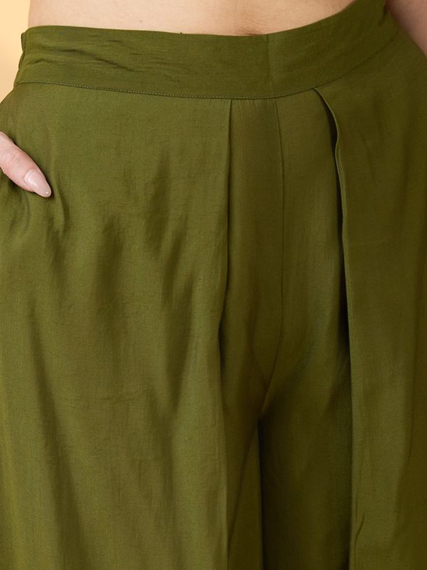 Globus Women Olive Solid High Rise Pleated Wide Leg Flared Fusion Trousers