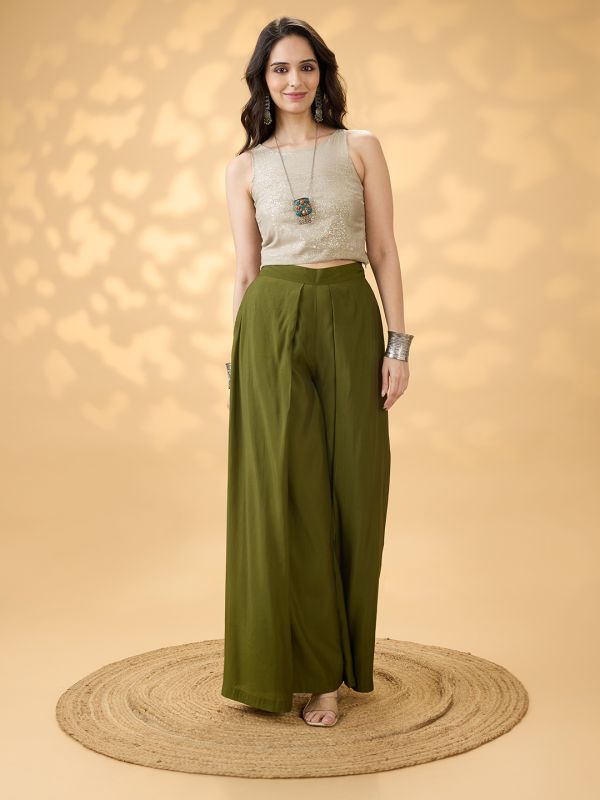 Globus Women Olive Solid High Rise Pleated Wide Leg Flared Fusion Trousers