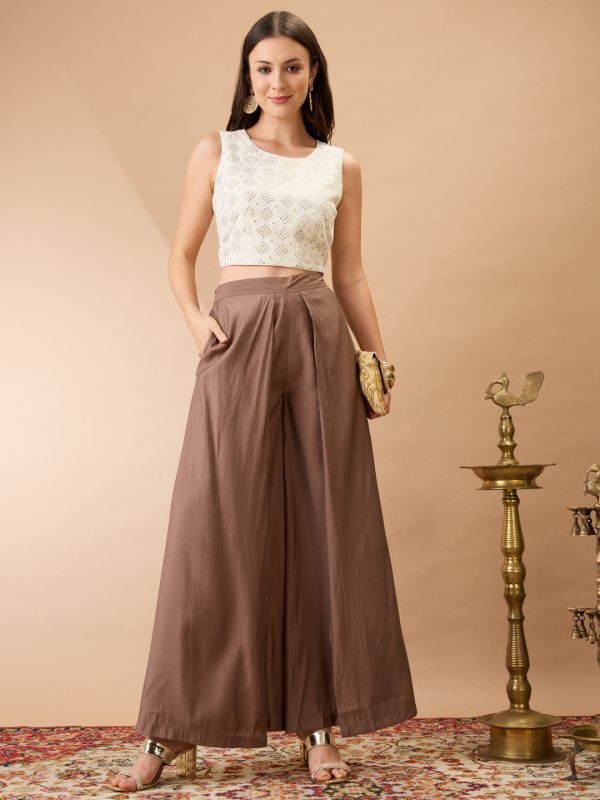 Globus Women Taupe Solid Mid-Rise Pleated Wide Leg Flared Fusion Trousers