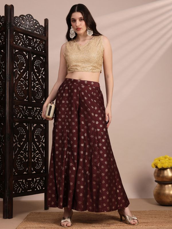 Globus Women Brown Floral Foil Printed Mid Rise Flared Festive Kali Palazzos