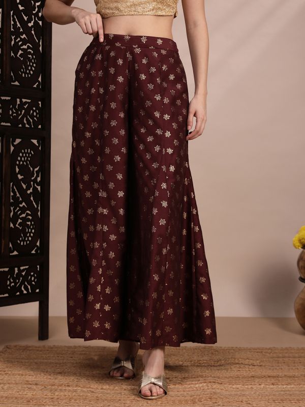 Globus Women Brown Floral Foil Printed Mid Rise Flared Festive Kali Palazzos