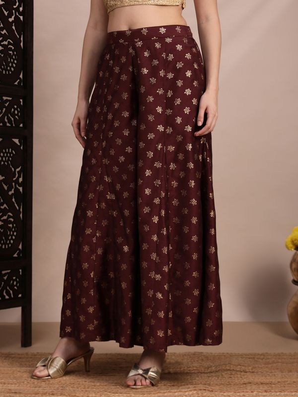 Globus Women Brown Floral Foil Printed Mid Rise Flared Festive Kali Palazzos