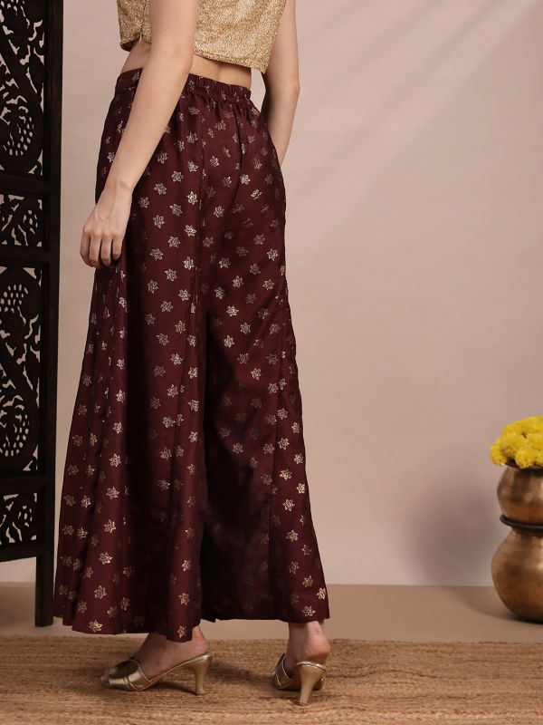 Globus Women Brown Floral Foil Printed Mid Rise Flared Festive Kali Palazzos