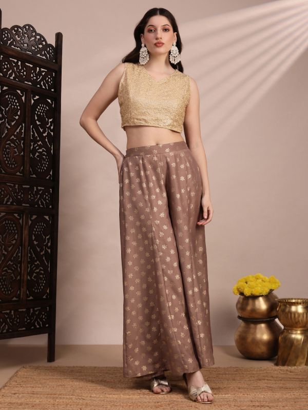 Globus Women Taupe Floral Foil Printed Mid Rise Flared Festive Kali Palazzos
