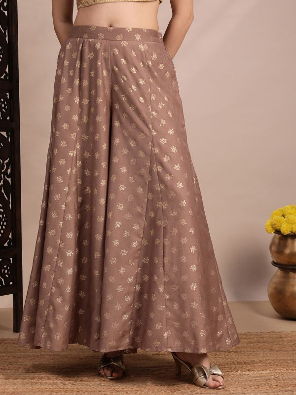 Globus Women Taupe Floral Foil Printed Mid Rise Flared Festive Kali Palazzos