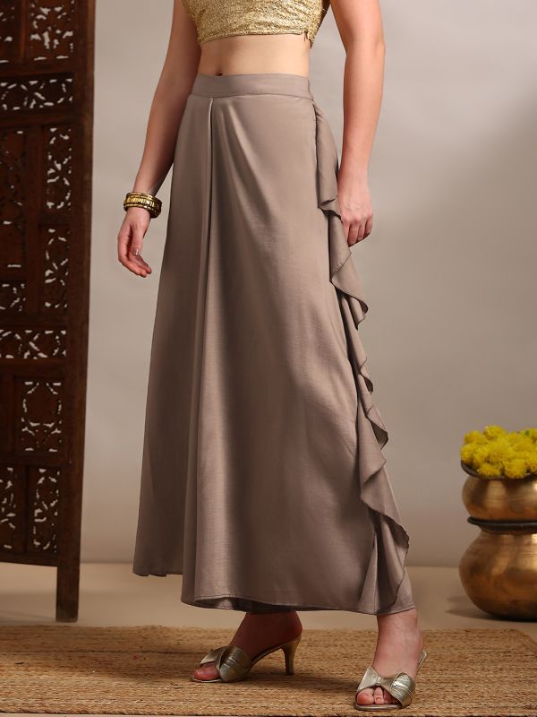 Globus Women Beige Mid Rise Ruffle detail Wide Leg Festive Palazzo