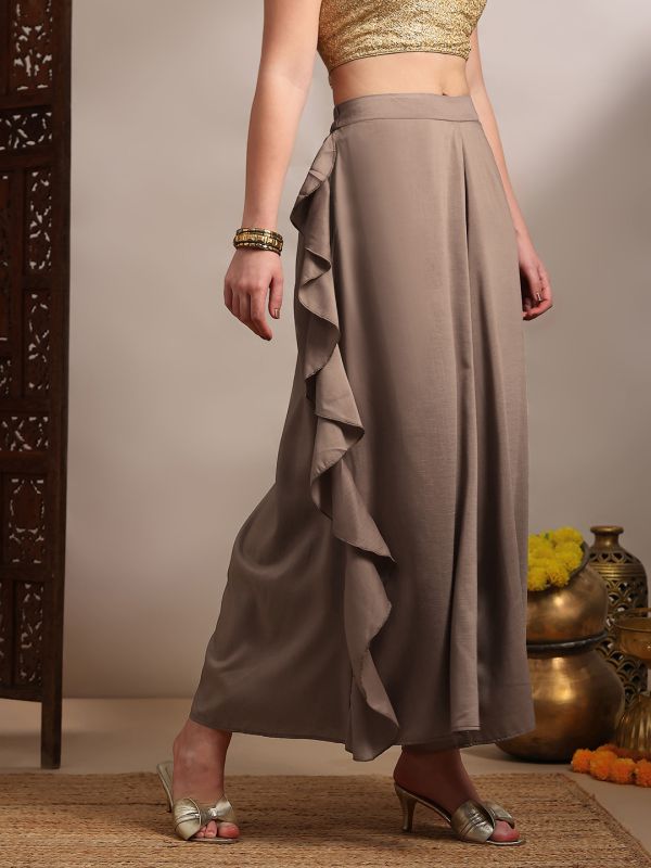 Globus Women Beige Mid Rise Ruffle detail Wide Leg Festive Palazzo