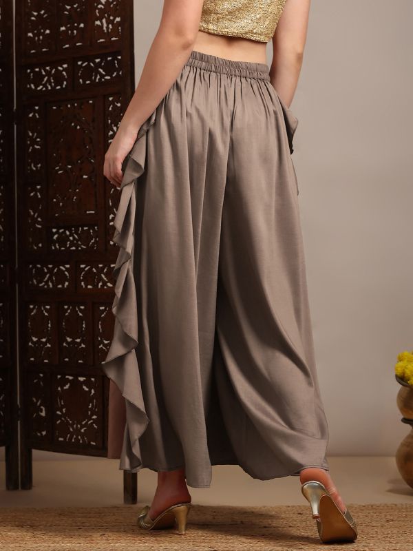 Globus Women Beige Mid Rise Ruffle detail Wide Leg Festive Palazzo