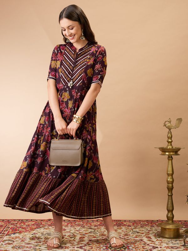 Globus Women Wine Floral Print Mandarin Collar Gotta Lace Yoke Flared Hem A-Line Maxi Dress