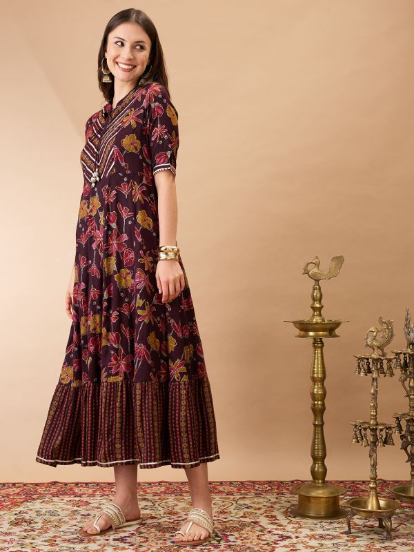Globus Women Wine Floral Print Mandarin Collar Gotta Lace Yoke Flared Hem A-Line Maxi Dress