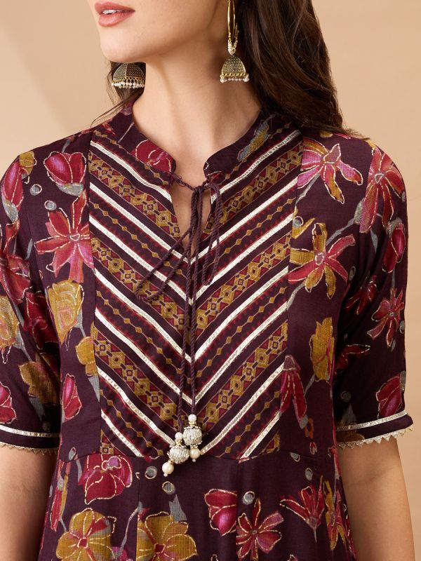 Globus Women Wine Floral Print Mandarin Collar Gotta Lace Yoke Flared Hem A-Line Maxi Dress
