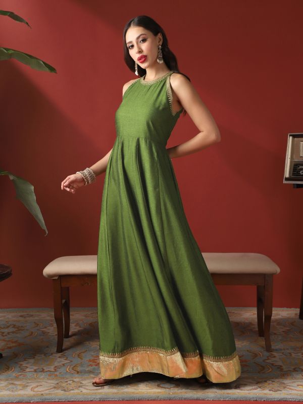 Globus Women Green Sequin Embroidery Halter Neck Gotta Lace Flared Hem A-Line Maxi Festive Dress
