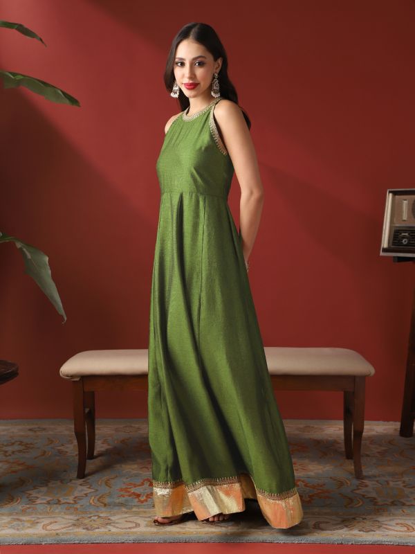 Globus Women Green Sequin Embroidery Halter Neck Gotta Lace Flared Hem A-Line Maxi Festive Dress
