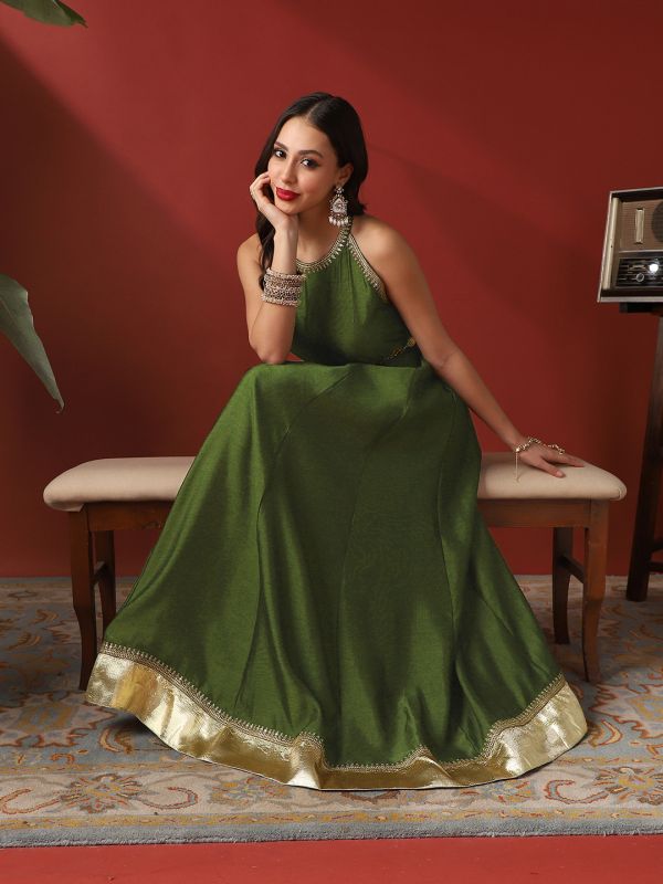 Globus Women Green Sequin Embroidery Halter Neck Gotta Lace Flared Hem A-Line Maxi Festive Dress