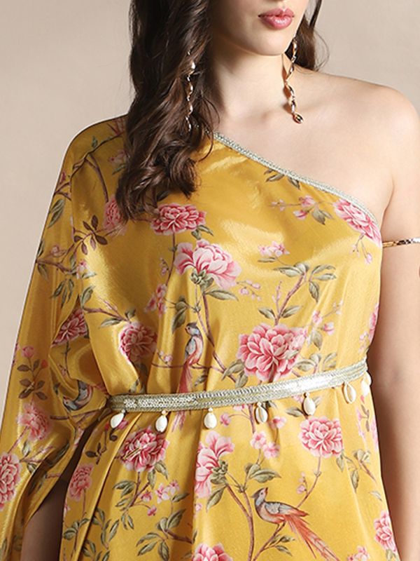 Globus Women Yellow One Shoulder Floral Print Lace Detail High-Low Hem Maxi Fusion Kaftan Dress With Belt