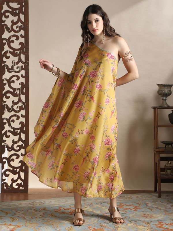 Globus Women Yellow One Shoulder Floral Print Lace Detail High-Low Hem Maxi Fusion Kaftan Dress With Belt