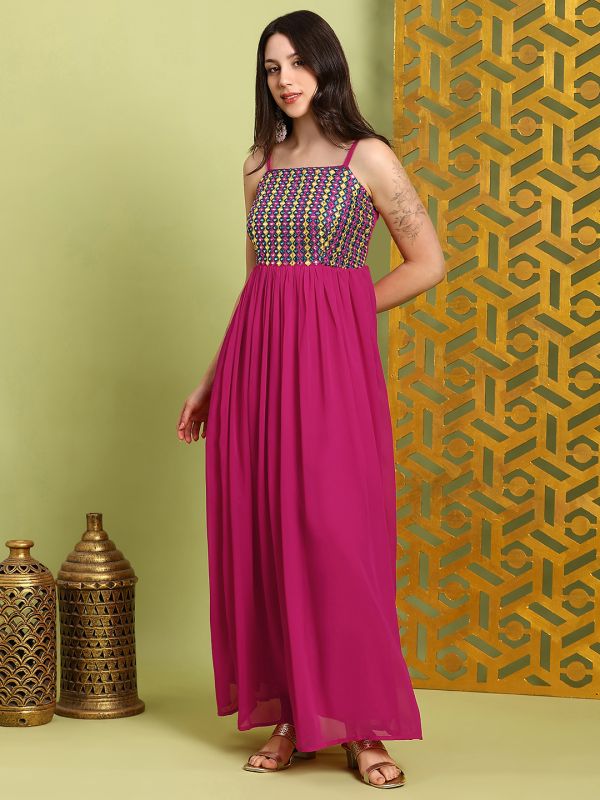 Globus Women Pink Georgette Square Neck Shoulder Straps Embroidered & Mirror Work Detail Tiered Fit & Flare Maxi Dress