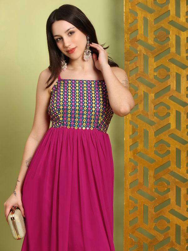 Globus Women Pink Georgette Square Neck Shoulder Straps Embroidered & Mirror Work Detail Tiered Fit & Flare Maxi Dress
