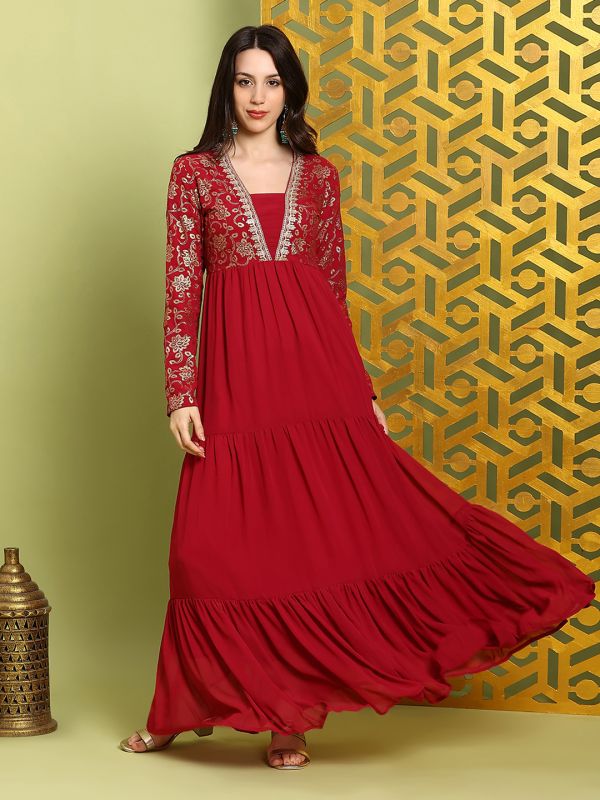 Globus Women Red V-Neck Pleated Embroidered Detail Gold Foil Ethnic Print Fit & Flare Maxi Festive Dress